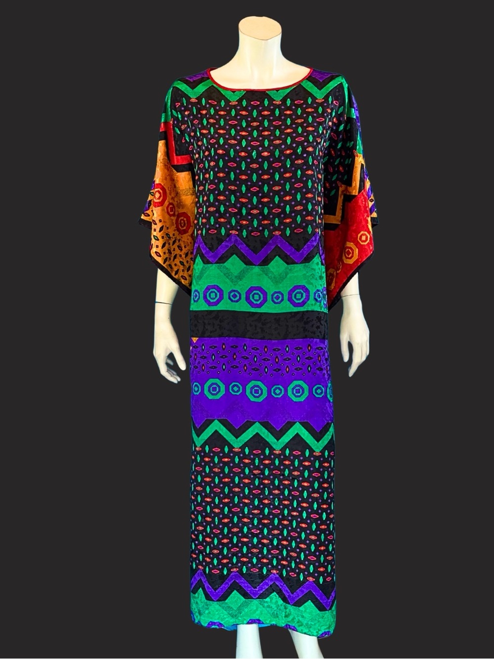 80s Vintage Graphic Colorful Geometric Print Kaftan Dress | OSFM